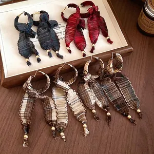 Vintage plaid fabric tassel hoop earrings with 925 silver pins for women fashion