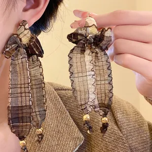 Retro fabric plaid bow tassel earrings with silver needle for women ethnic style
