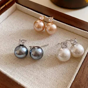 Vintage Copper Zirconia Artificial Pearl Stud Earrings With 925 Sterling Silver Earring Post Elegant Jewelry For Women