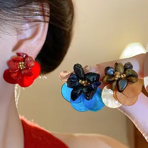 Vintage Ethnic Shell Tiger Eye Stone Stud Earrings Luxury Silver Post Flower Earrings For Women Elegant Jewelry Gift