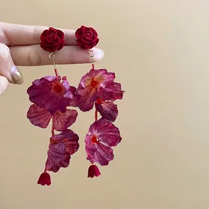 Elegant vintage red velvet rose pendant earrings with dangling burgundy fabric petals
