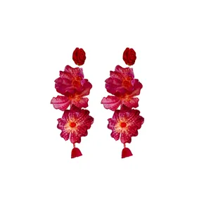 Handmade tiered red fabric rose flower drop earrings with a vintage romantic aesthetic