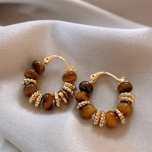 Retro Maillard Maillard Tiger Eye Bead Hoop Earrings For Women Gold Plated Geometric Ear Buckle Artistic Vintage Jewelry