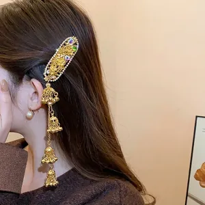 Ethnic Style Alloy Rhinestone Floral Hair Clip With Bell Tassels Vintage Elegant Gold Plated Duckbill Clip Hair Accessories