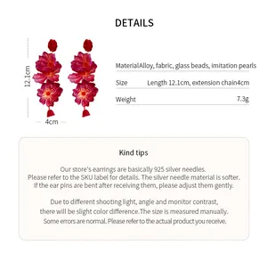 Detailed specs for red rose pendant earrings with 925 silver needle and glass beads.
