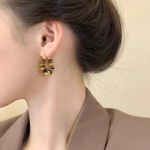 Macro detail of a model wearing elegant tiger eye stone gold-plated hoop earrings.