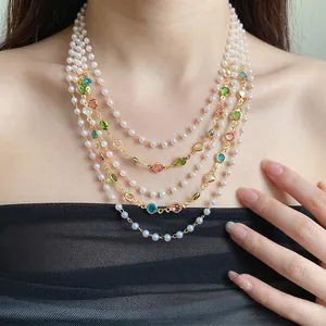 Collana di Perle Artificiali Multistrato Stile di Corte Vintage per Donna Lega Colorata Gemme di Vetro Catena di Clavicola