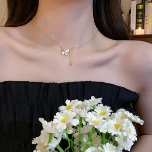 Elegante goudvergulde vlinderketting met zirkonia gedragen voor een gracieuze uitstraling