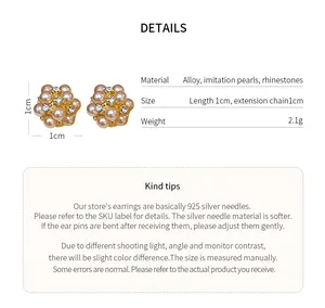 Detail view showing flower-shaped pearl and rhinestone stud earrings with product specs.
