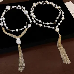 Vintage Artificial Pearl Tassel Necklace For Women High End Multi Layer Sweater Chain Gold Plated Copper Jewelry Accessory