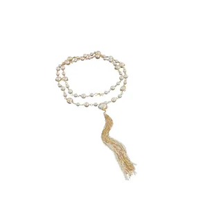 Elegant long faux pearl tassel necklace with gold chain sweater chain vintage design