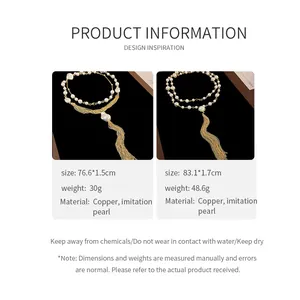 Specifications showing weight and length for the elegant pearl tassel necklace detail.