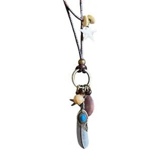 Collier de perles de bois Zen vintage avec plumes et étoiles de style bohème ethnique