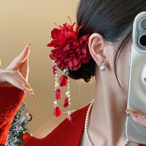 Elegant Red Fabric Flower Hair Clip With Artificial Pearl Tassels Handmade Floral Duckbill Clip Retro Style Hair Accessory For Women Party