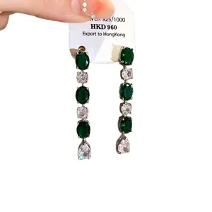 Boucles d'oreilles pendantes vintage en argent 925 avec pierres vert émeraude et zircons