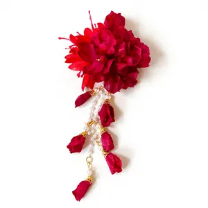 Elegant red fabric flower hair clip with hanging pearl tassels and small bud details