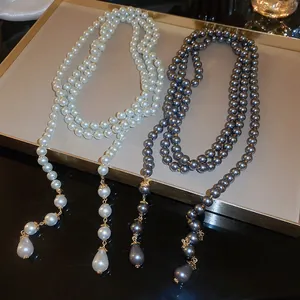 French Retro Long Multi-layer Artificial Pearl Necklace For Women Elegant Water Drop Pendant Alloy Chain Jewelry