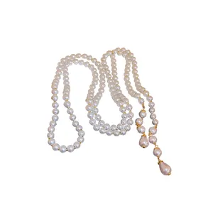 Elegant multi-layer long necklace with teardrop pearl pendants in French retro style