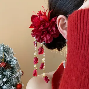 Exquisite red fabric flower hair clip with elegant pearl tassels and floral pendants