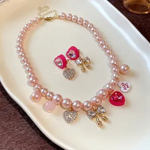 Sweet Refined Alloy Pink Artificial Pearl Heart Bow Asymmetrical Jewelry Set Rhinestone Necklace Earrings For Women Girl Gift