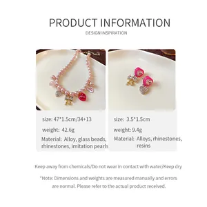 Detailed product information for the rhinestone heart bow necklace and earrings jewelry set