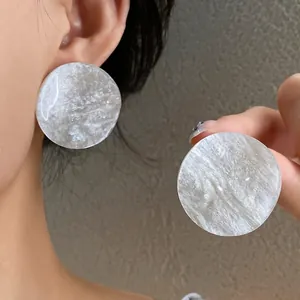 Elegant French style marbled white acrylic round stud earrings with silver needles