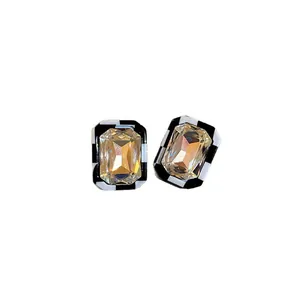 Pendientes de botón retro a cuadros con cristal de champán rectangular para mujer