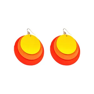 Bohemian style round wooden drop earrings in yellow, orange and red gradient colors.
