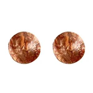 Elegant round acrylic stud earrings with brown marble texture and silver needles