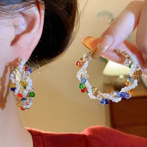 Pendientes de Aro Redondos Coloridos Con Poste de Plata de Ley 925 Hecho a Mano Perla Artificial Strass Joyas de Aleación