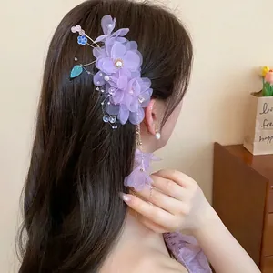 Barrette Fleur en Tissu Violette Style Coréen Féerique Avec Gland de Perles Artificielles Pince Bec de Canard Accessoires de Vacances pour Femmes