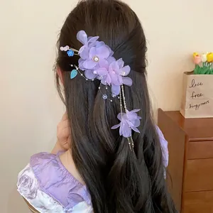 Pince à cheveux fleur en tissu violet avec glands et perles, accessoire de vacances