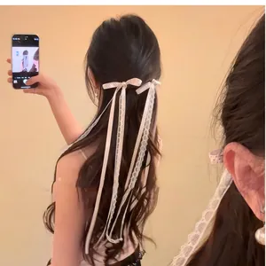 Süße Satinband Schleife Haarspange Für Damen Elegante Spitze Punktmuster Quaste Künstliche Perle Entenschnabel-Clip Haarschmuck
