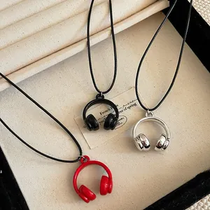 Minimalist cartoon mini headphone pendant necklace set in black red and silver finish