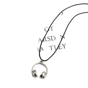 Stylish silver-tone mini headphone pendant necklace with adjustable black cord chain