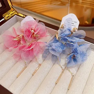 Women Elegant Pastoral Floral Mesh Drop Earrings With 925 Sterling Silver Earring Post Handmade Flower Tassel Earrings Jewelry