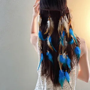 Bohemian style headband featuring wooden beads and vibrant blue feathers worn on long hair