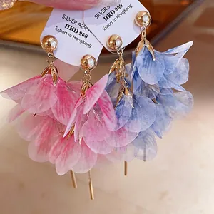 Elegant mesh petal drop earrings with gold studs in pink and blue versions.