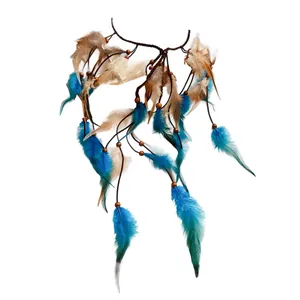 Bohemian ethnic wooden bead feather tassel headband in vibrant blue and brown tones.