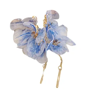 Elegant blue mesh flower petal drop earrings featuring delicate gold chain design for women