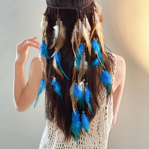 Detailed view of Bohemian feather headband with blue and brown tassels and wooden beads.