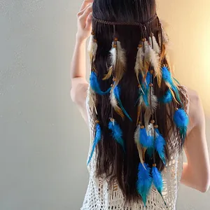 Close-up of Bohemian feather headband with blue and brown tassels on long hair