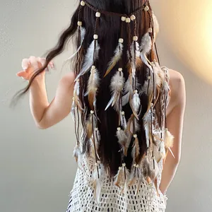 Bohemian headband featuring wooden beads and long hanging feather tassels shown from behind