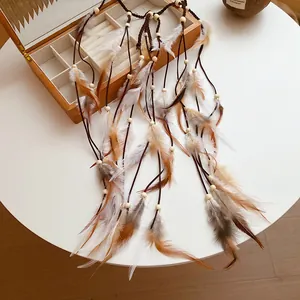 Close-up detail of a bohemian style feather headband with wooden beads and tassels.