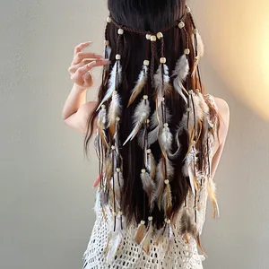 Detailed view of a Bohemian hairband featuring natural feathers and wooden beads.