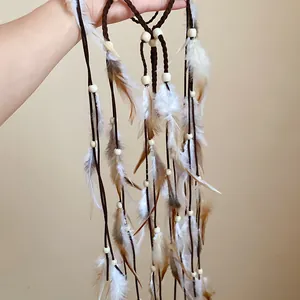 Detail view of Bohemian feather tassel headband with wooden beads and white feathers