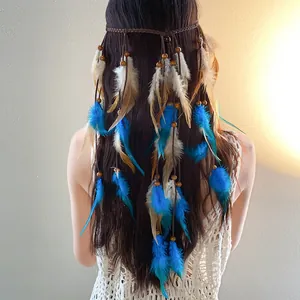 Detailed back view of a bohemian headband with feathers and wooden beads on hair