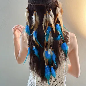 Close-up detail of bohemian feather headband with wooden beads worn by a female model