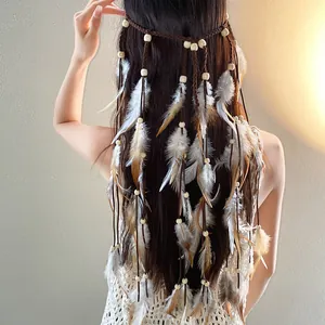 Detailed macro shot of a Bohemian style headband with natural feathers and wood beads