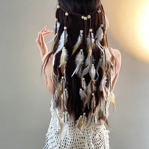 Back view of a bohemian style hairband with feathers and wooden beads on long hair